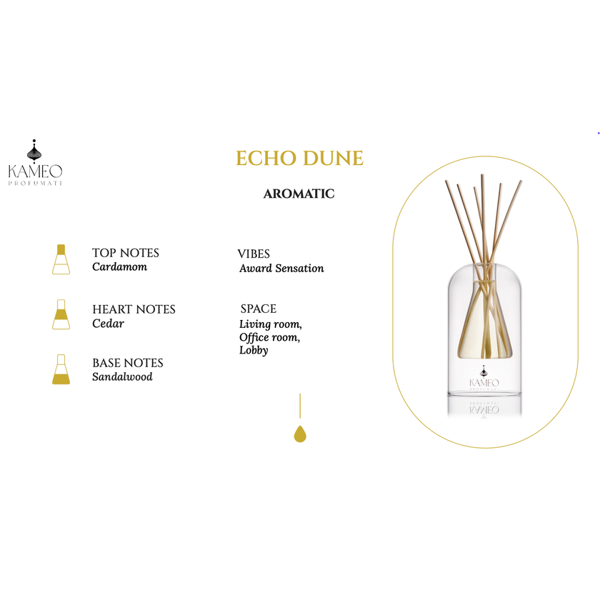 Kameo diffuser product with features and notes on a white background