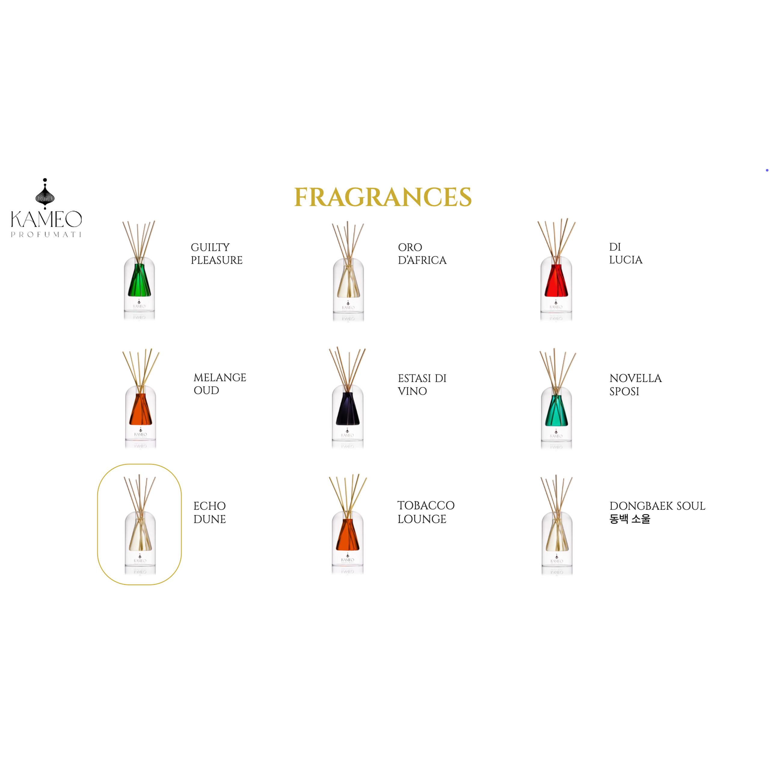 Collection of Kameo diffuser bottles with various fragrances on a white background