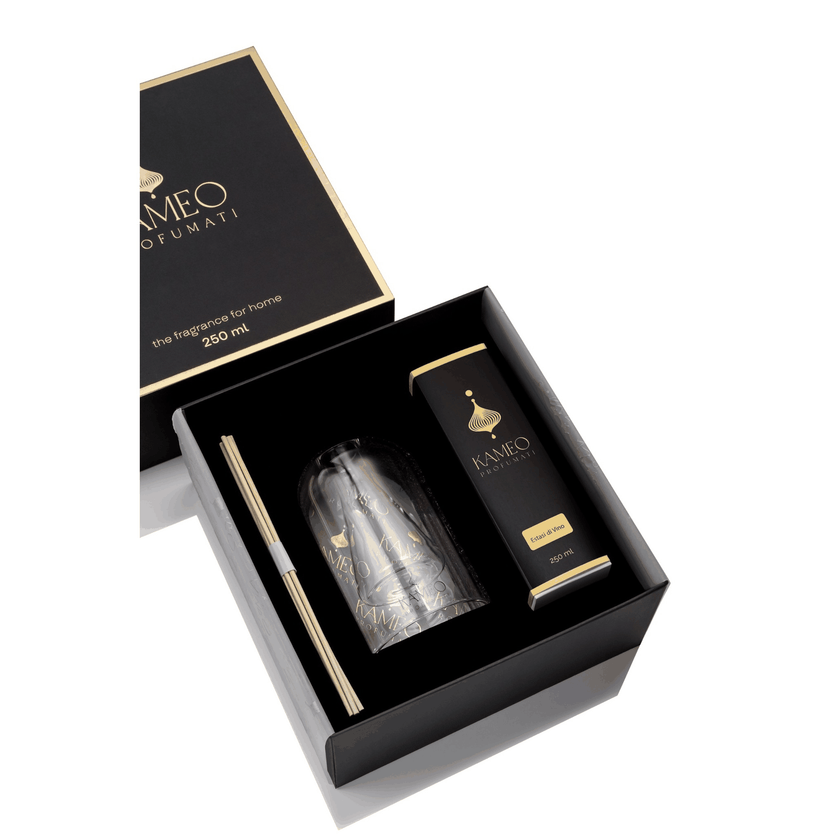 Kameo Profumi perfume set with black box on a white background